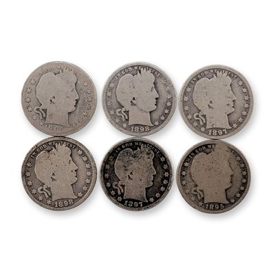 6pc 1895, 1897, 1898, 1905-O US Barber Silver Quarter Coins