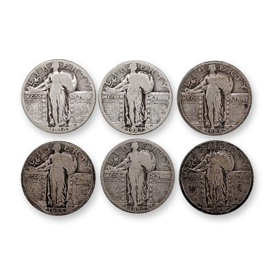 6pc 1925 - 1930 US Standing Liberty Silver Quarter Coins