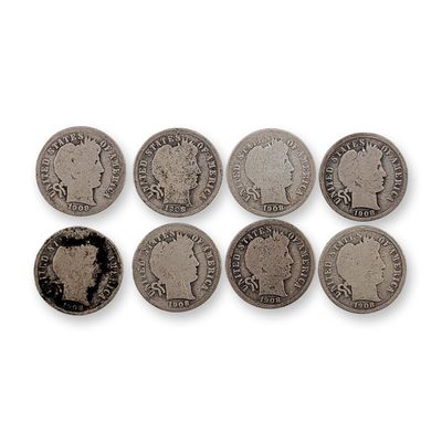 8pc 1908, 1908-D, 1908-O US Barber Silver Dime Coins