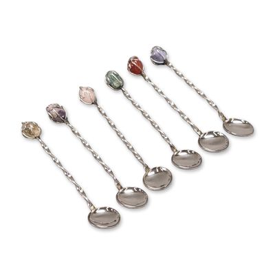 6pc Gemstone Tipped Silver-Tone Spoons