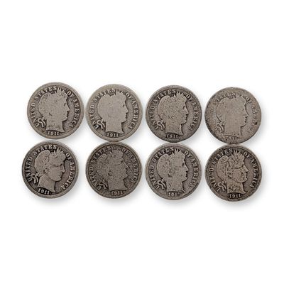 8pc 1911, 1911-D US Barber Silver Dime Coins