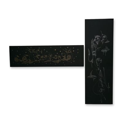 2pc Alfonso Rendon aka Masplata (Panamanian, 1957 - 2025), Gold & Silver Pen Sketch on Black Board,