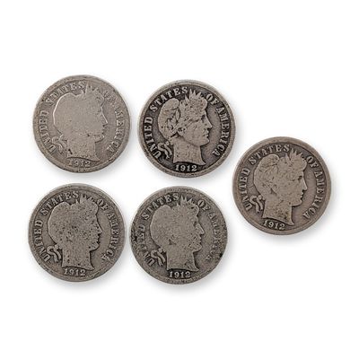 5pc 1912-S US Barber Silver Dime Coins