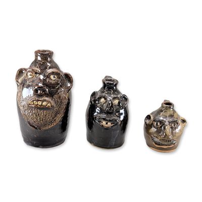 3pc Marie Rogers Folk Pottery Georgia Stoneware Face Jugs