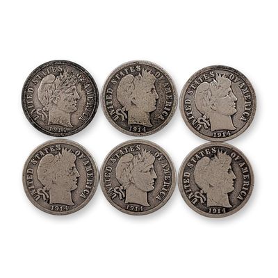 6pc 1914, 1914-D, 1914-S US Barber Silver Dime Coins