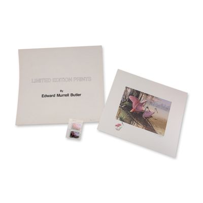 Edward Murrell Butler, Roseate Spoonbills Remarqued Print and Stamps, Signed and Numbered