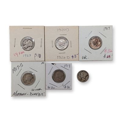 6pc 1917-1920, 1917-S, 1920-D, 1923 US Mercury Silver Dime Coins