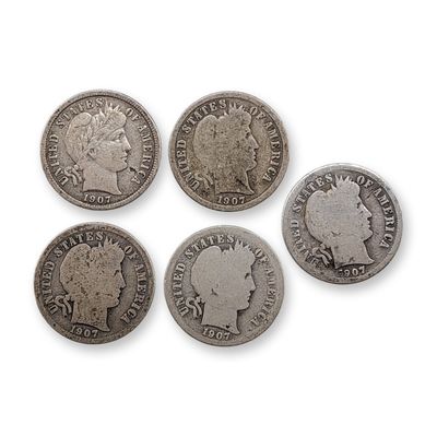 5pc 1907, 1907-D, 1907-O, 1907-S US Barber Silver Dime Coins
