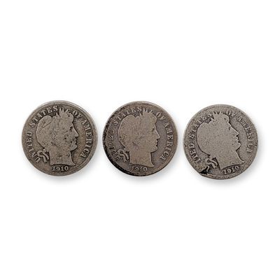 3pc 1910, 1910-D US Barber Silver Dime Coins