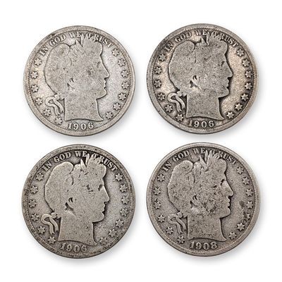 4pc 1906-D, 1906-O, 1908-D US Barber Silver Half Dollar Coins