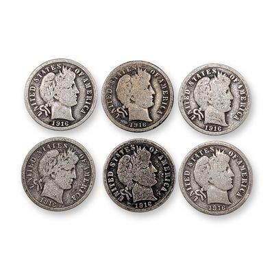 6pc 1916, 1916-S US Barber Silver Dime Coins