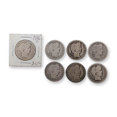 7pc 1915, 1915-D, 1916, 1916-D US Barber Silver Quarter Coins