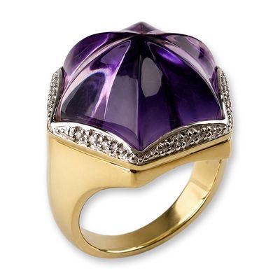 14K Gold Carved Amethyst and Diamond Cocktail Ring