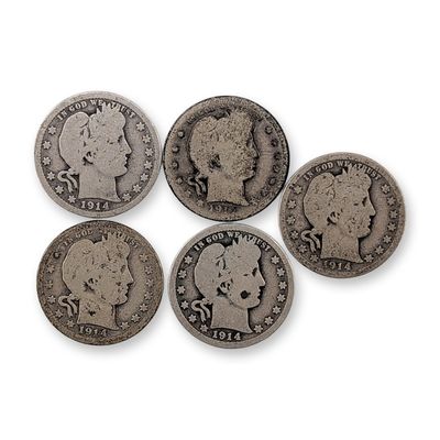 5pc 1914, 1914-D US Barber Silver Quarter Coins