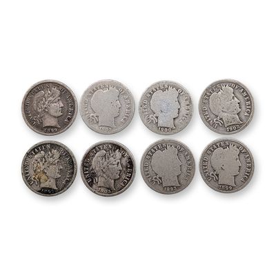 8pc 1893, 1899, 1900, 1902-O, 1903, 1905 US Barber Silver Dime Coins