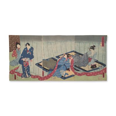 Utagawa Toyokuni III (Kunisada) (Japanese, 1786-1865), Woodcut on Paper Triptych, Sonoda Enishi Juni