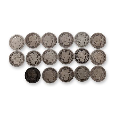 17pc 1912, 1912-D US Barber Silver Dime Coins