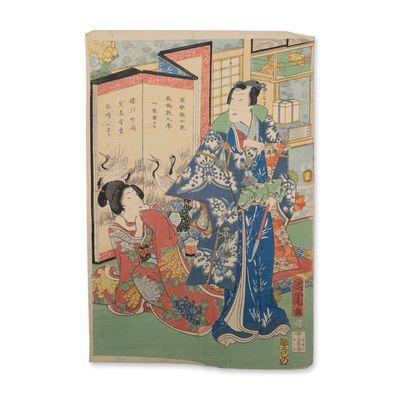 Utagawa Kunisada (Toyokuni III) (Japanese, 1786-1865) Woodcut on Paper of Kabuki Actors Scene