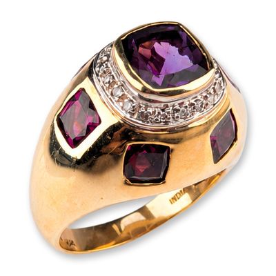 STS 10K Yellow Gold Amethyst, Garnet, and Diamond Cocktail Ring