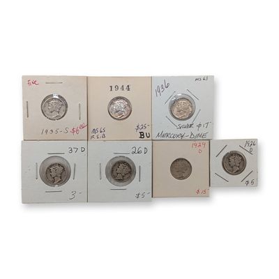 7pc 1926-D, 1929-D, 1935-S, 1936, 1937-D & 1944 US Mercury Silver Dime Coins