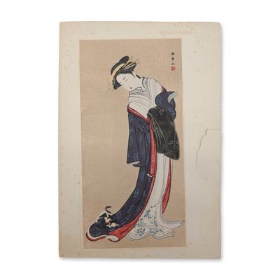 After Katsukawa Shunsho (Japanese 1726-1792) Woodblock Print, A Beauty with a Playing Cat
