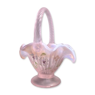 Fenton Pink Opalescent Glass Basket Hand-painted and Signed by Felicia Enoch