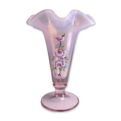 Christy Riggs Signed Fenton Pink Opalescent Hand-Painted Glass Vase