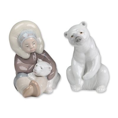 2pc Lladro Porcelain Arctic Figurines, Resting Polar Bear 01001208 and Eskimo 01001195