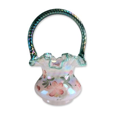 Sale Photo Thumbnail #224: Fenton 90th Anniversary Kelly Brightbill Signed Iridescent Glass Basket