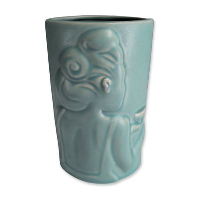 Sale Photo Thumbnail #419: Donna Polseno Turquoise Relief Vase, Woman Serving Tea, Signed