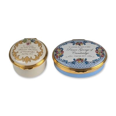 Sale Photo Thumbnail #429: 2pc Halcyon Days Royal Birth Commemorative Enamel Jewelry Boxes