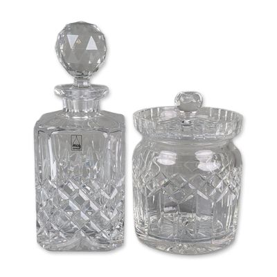 Sale Photo Thumbnail #260: 2pc Metropolitan Crystal Glassworks and Waterford Decanter and Lismore Biscuit Barrel