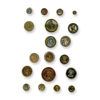 Sale Photo Thumbnail #379: A CARD OF DIVISION ONE ASSORTED METAL PICTORIAL BUTTONS