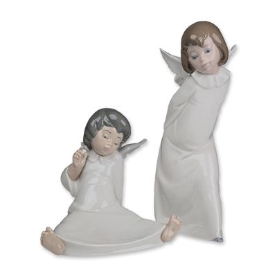 2pc Lladro Porcelain Figurines, Smiling Cherub 01004960 and Wondering Cherub 01004962