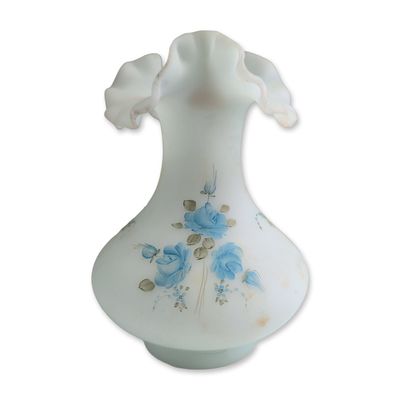 Fenton Hand Painted Blue Roses Satin Glass Vase Signed by M.B. Metzger