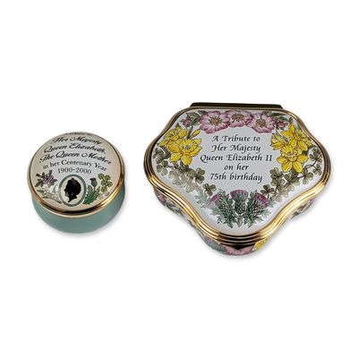 Sale Photo Thumbnail #426: 2pc Halcyon Days Royal Commemorative Enamel Boxes