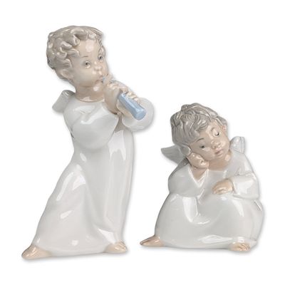 2pc Lladro Glazed Porcelain Angel Figurines, Angel With Flute 01004540 & Angel Thinking 01004539