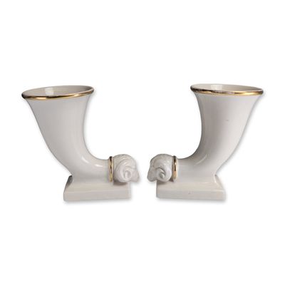 Sale Photo Thumbnail #210: 2pc Porcelain Ram's Head  Cornucopia Vases