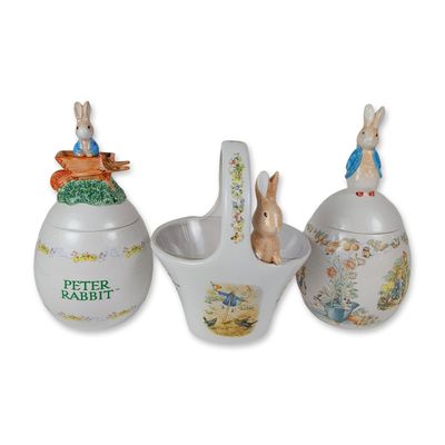 Sale Photo Thumbnail #124: 3pc Teleflora Beatrix Potter Ceramic Handle Basket and Cookie Jars Collection