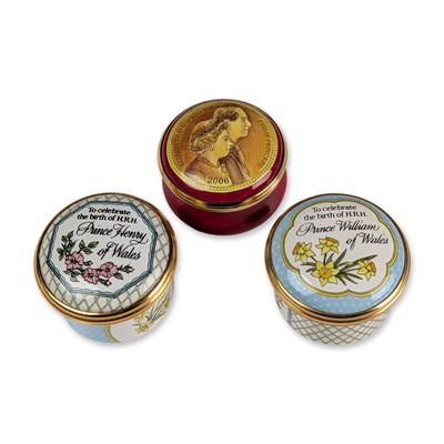 Sale Photo Thumbnail #219: 3pc Halcyon Days Royal Family Enamel Boxes