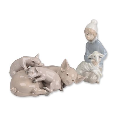 2pc Lladro Porcelain Figurines, Playful Piglets 01005228 and Shepherd with Lamb 01004676