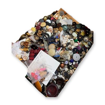Sale Photo Thumbnail #170: A HUGE BOX LOT OF ASSORTED MATERIAL BUTTONS
