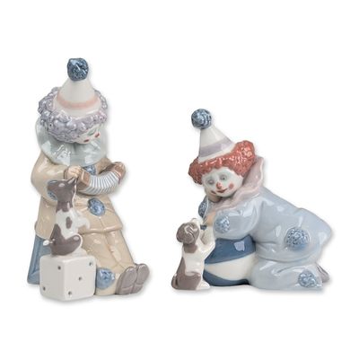 Sale Photo Thumbnail #309: 2pc Lladro Porcelain Pierrot Figurines, with Puppy 01005278 & with Concertina 01005279