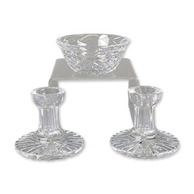 3pc Waterford Cut Crystal Glandore Bowl and Laurel Candlesticks