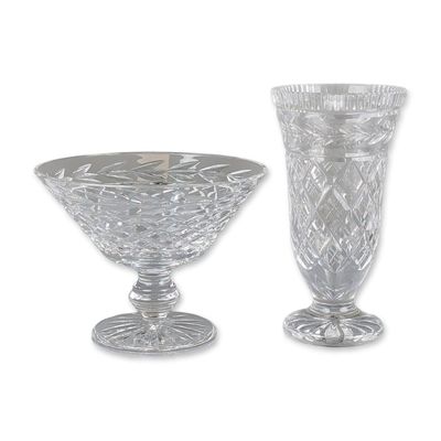 2pc Waterford Cut Crystal Glandore Pedestal Bowl and Cut Crystal Vase