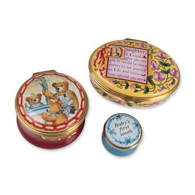 Sale Photo Thumbnail #428: 3pc Halcyon Days English Enamel Trinket Boxes