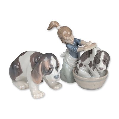 Sale Photo Thumbnail #308: 2pc Lladro Porcelain Figurines, Bashful Bather 01005455 and Sitting Beagle Puppy 01001071