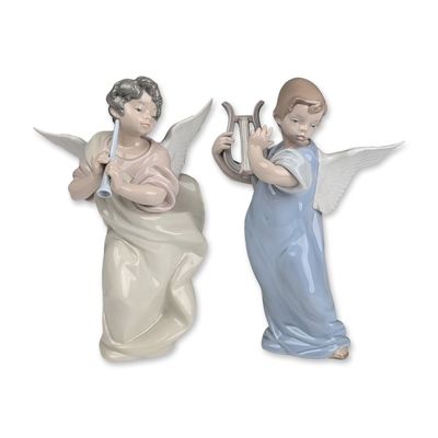 Sale Photo Thumbnail #303: 2pc Lladro Porcelain Figurines, Angel with Clarinet 01005494 and Angel with Lute 01005493