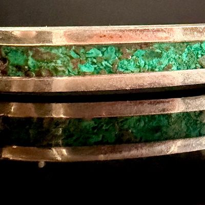 Sale Photo Thumbnail #154: Sterling Silver Hinged Bangle Bracelet with Crushed Green Stone Inlay