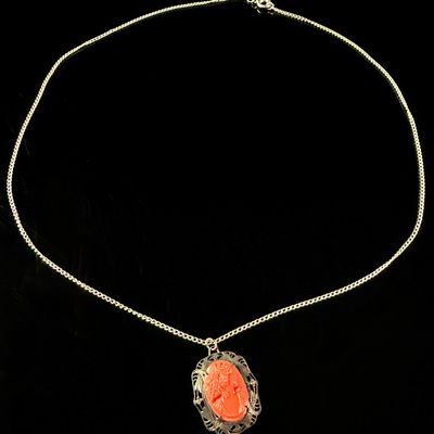 Sale Photo Thumbnail #132: German Sterling Silver and Plastic Cameo Pendant Necklace